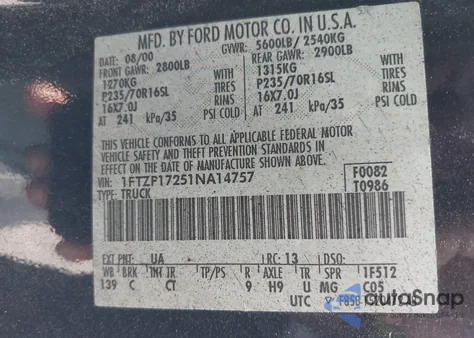 2001 Ford F-150 Xl/Xlt из США, поврежденный, VIN 01FTZF17251NA1475